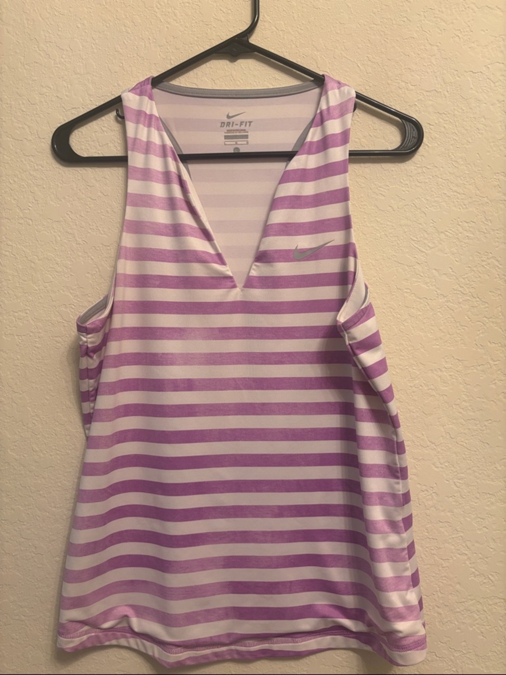 Nike Women’s Lavender and White Striped Dri‑FIT V‑Neck Tank